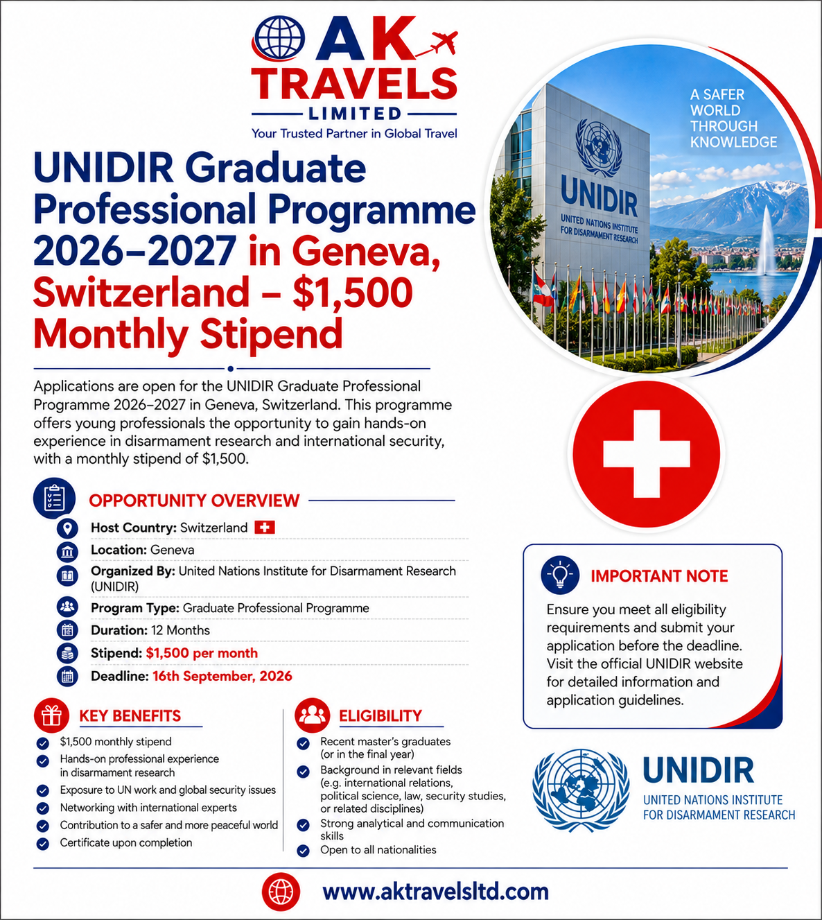UNIDIR Graduate Professional Programme 2026–2027 in Geneva, Switzerland – $1,500 Monthly Stipend