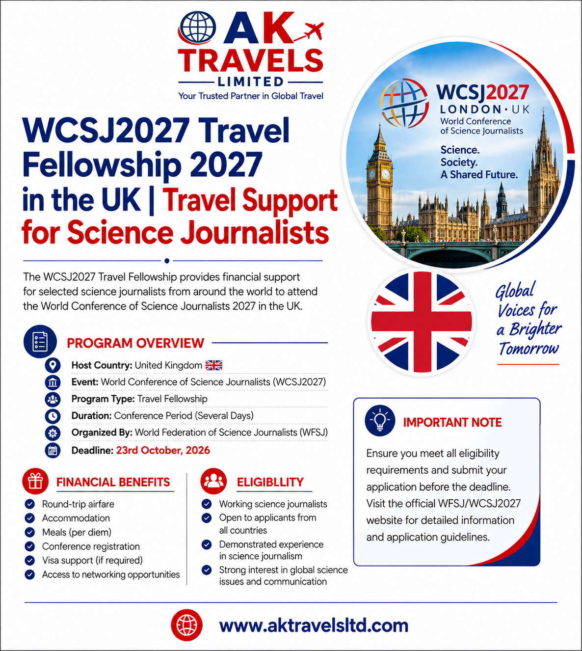 WCSJ2027 Travel Fellowship 2027 in the UK | Travel Support for Science Journalists